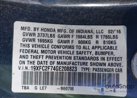 2016 Honda Civic Ex из США, поврежденный, VIN 19XFC2F74GE208823